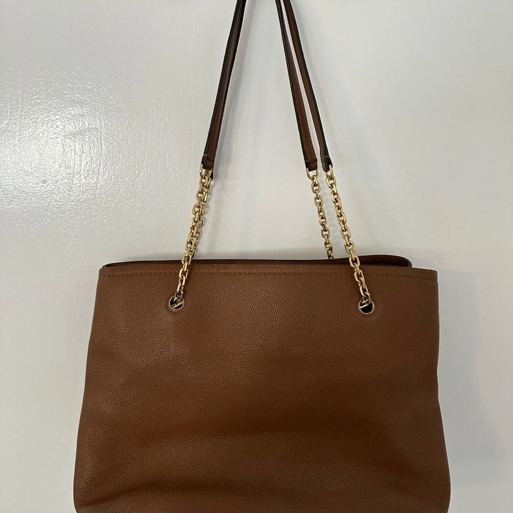 Tory Burch Cognac Pebbled Leather Tote with Gold Logo Chain
